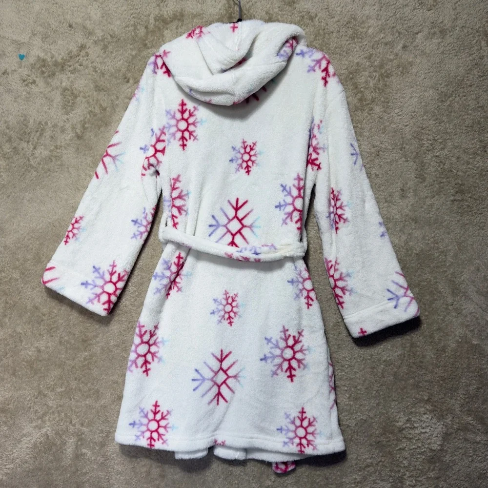 Cat & Jack Robe Girls Size M 7/8 White Pink Snowflake Hooded Fleece Plush Belted